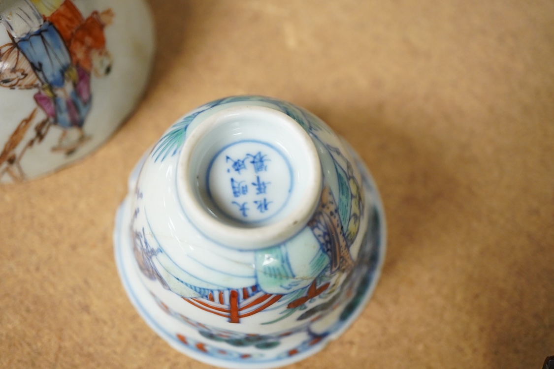 Two Chinese teacups, one Doucai with Chenghua mark, the other famille rose, tallest 4.5cm